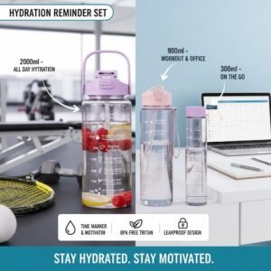 Plastic Set Of 3 Transparent Water Bottle 2000ML, 900ML, 300ML With Motivational Time