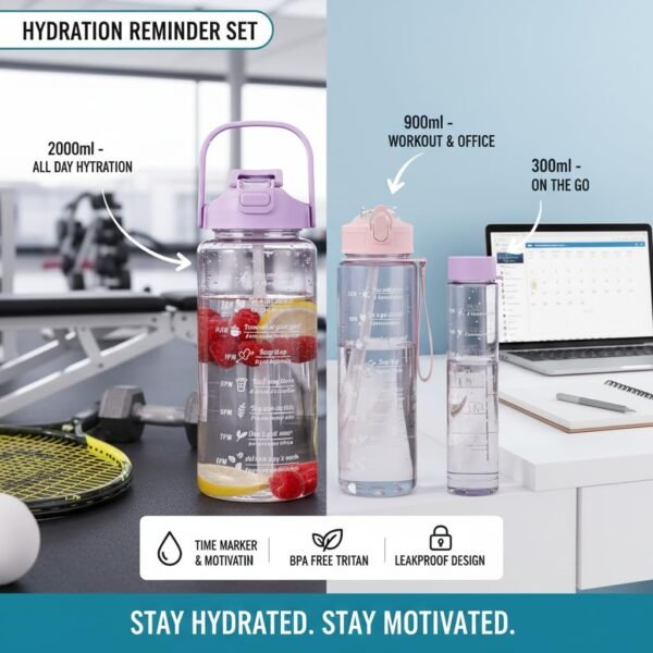 Plastic Set Of 3 Transparent Water Bottle 2000ML, 900ML, 300ML With Motivational Time